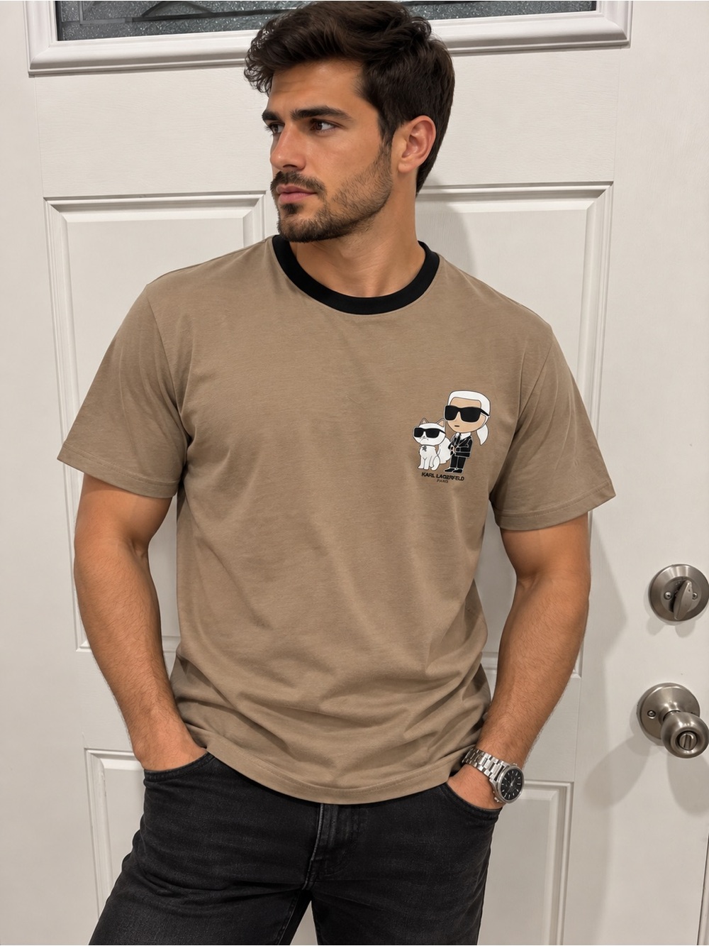 Karl Lagerfeld Tan Short-Sleeve Graphic Crewneck Tee with Black Trim